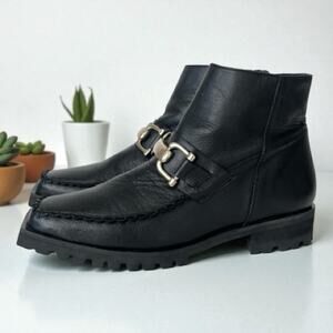 ALOHAS Black Leather Ankle Booties with Gold Buckle Detail